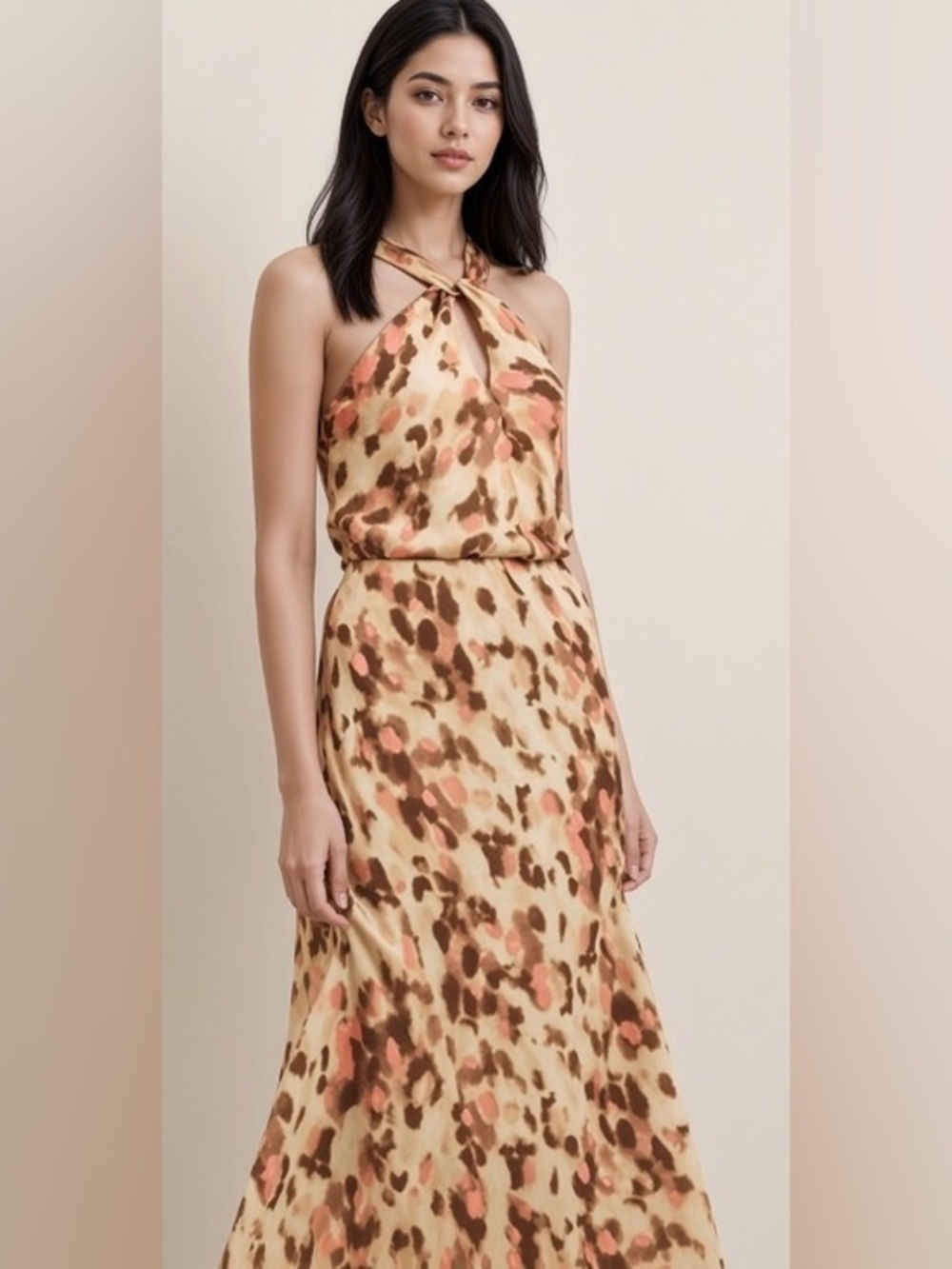 2 Piece Set - Banana Republic Halter Top &  Midi  Skirt/Cream,Coral, & Brown: M